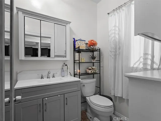 a bathroom with a sink a toilet and shower curtain