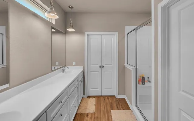 a bathroom with a sink a mirror and a shower