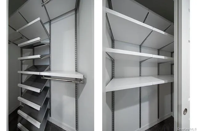 a utility room with closet and racks