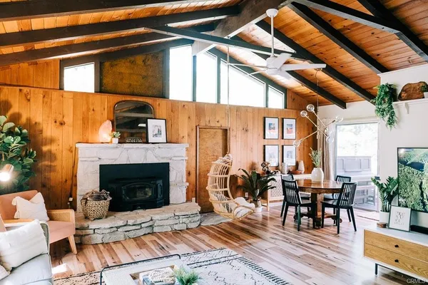 a living room with furniture a fireplace and potted plants