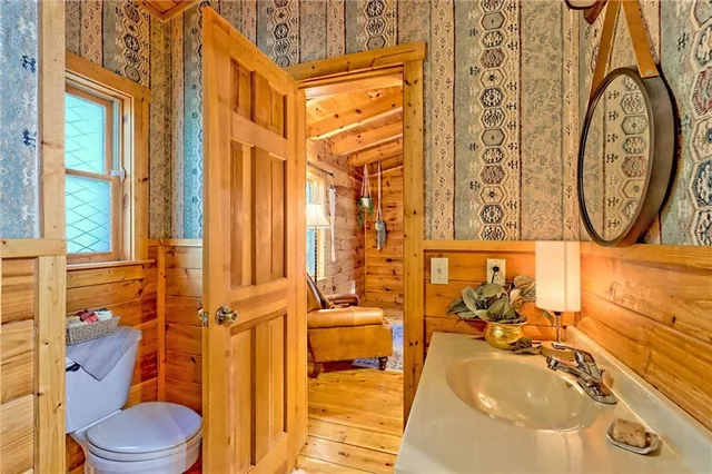 a bathroom with a toilet a sink and a shower curtain