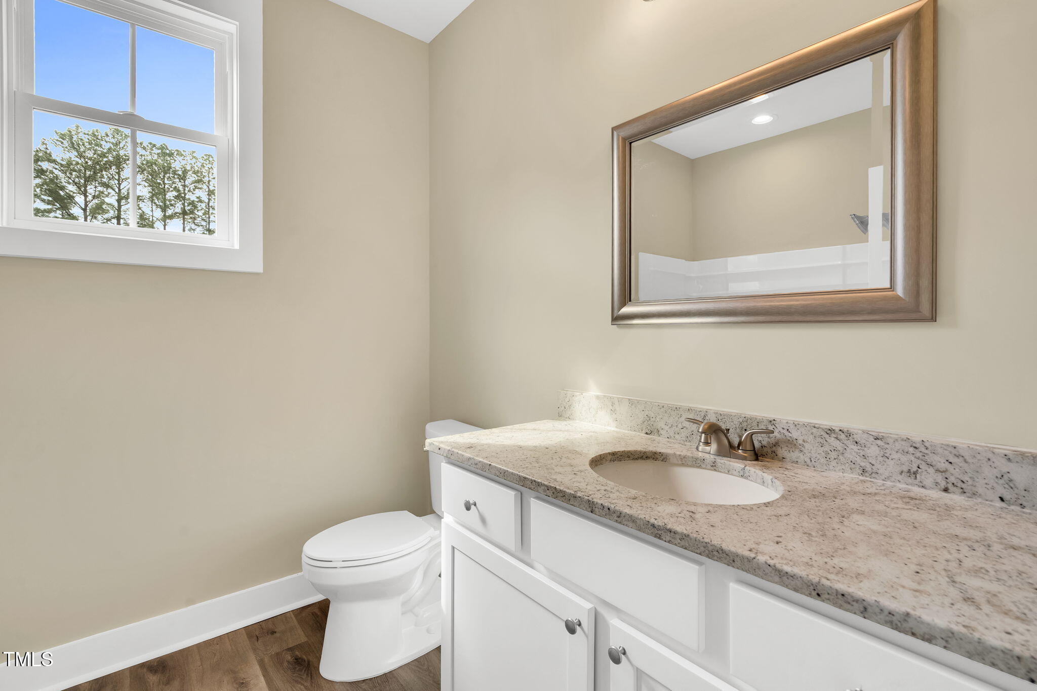 1076 Highway 55 Coats, NC 27521 - Photo 16 of 20 a bathroom with a toilet sink vanity and mirror