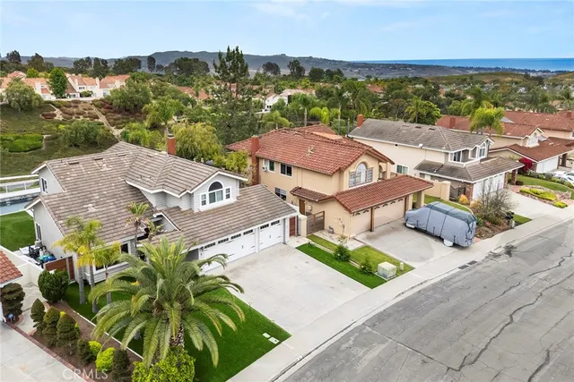 an aerial view of residential houses with outdoor space and trees