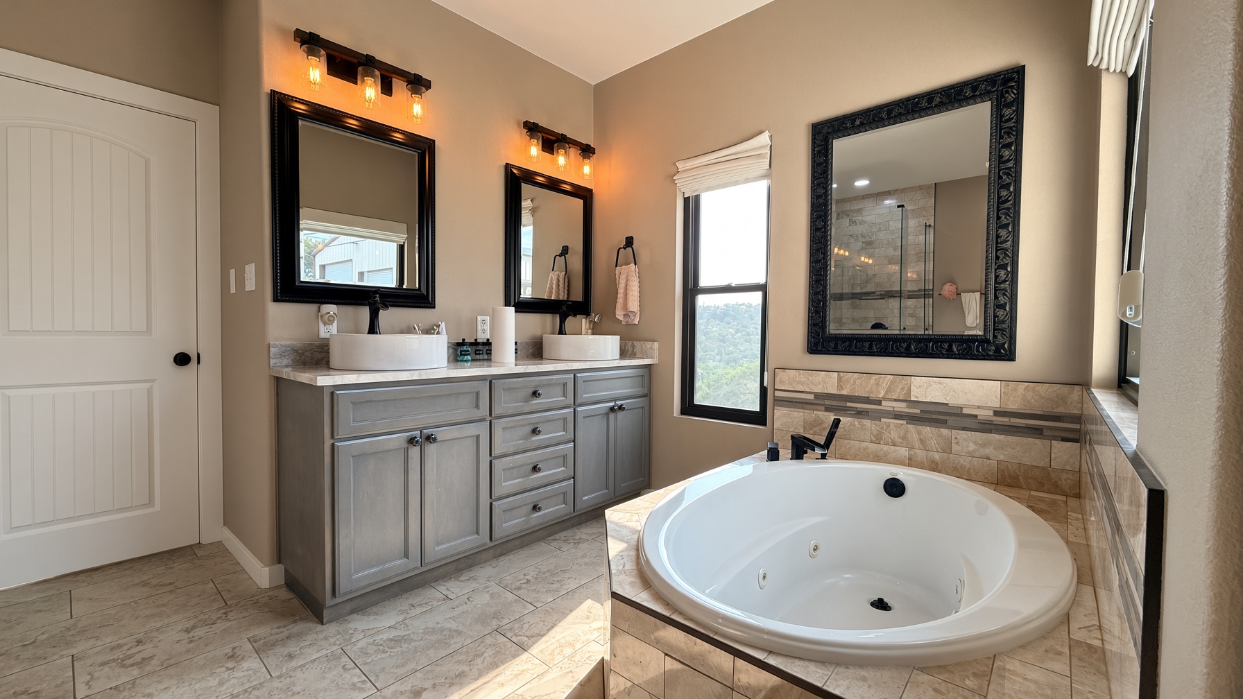 19005 White Rim Trail Jonestown, TX 78645 - Photo 24 of 39 A deep soaking tub sits beside a double vanity in this tiled bathroom.
