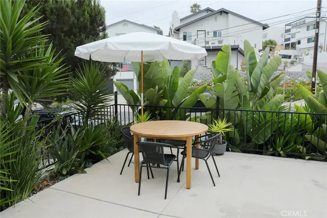 a backyard of a house with table and chairs