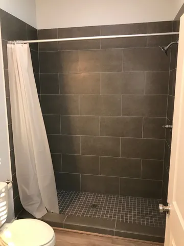 a bathroom with a toilet and a shower