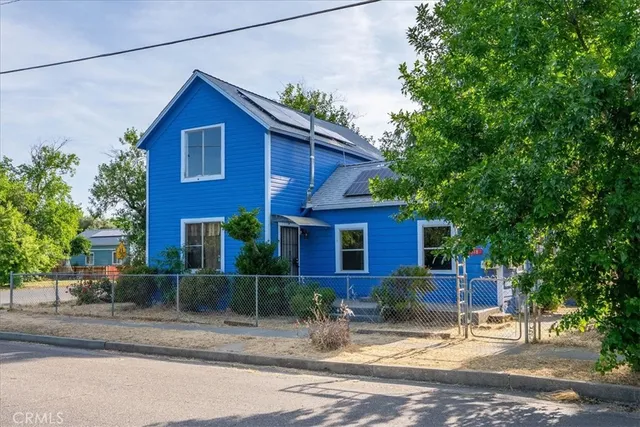 a view of a house with a yard plants and large tree