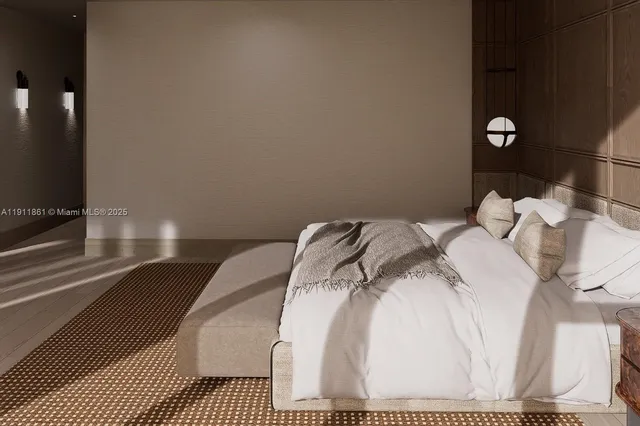 a bedroom with a bed and a mirror