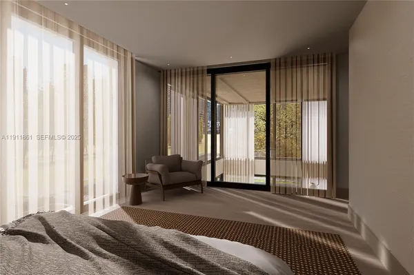 a bedroom with a bed and a large window