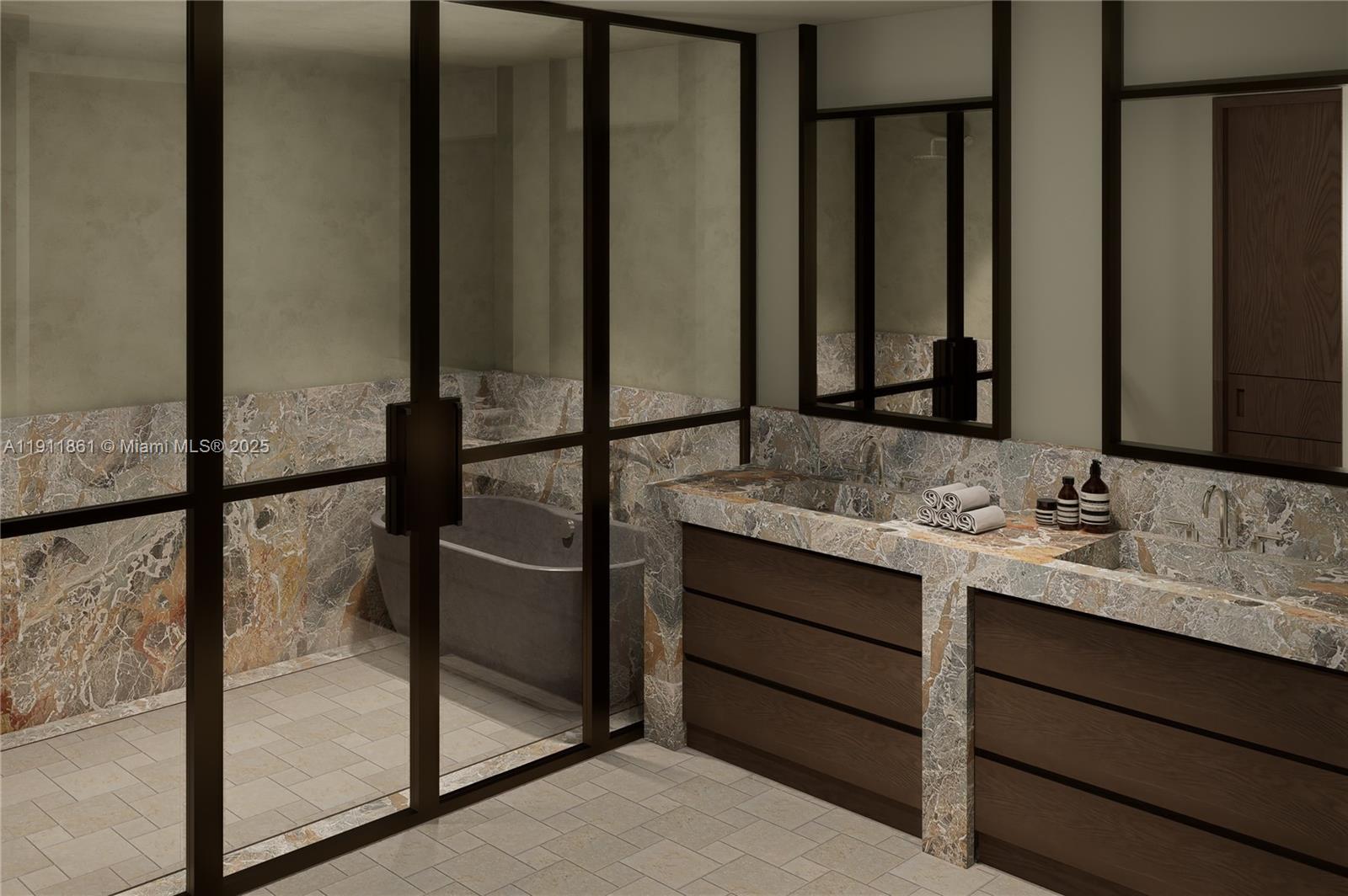 1445 Bay Road Miami Beach, FL 33139 - Photo 21 of 27 a bathroom with a double vanity sink and a mirror