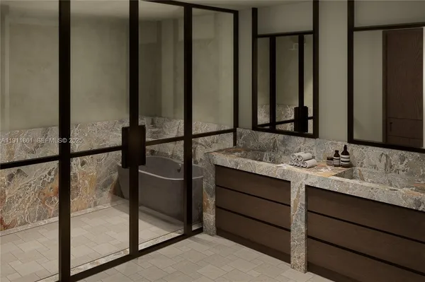 a bathroom with a double vanity sink and a mirror