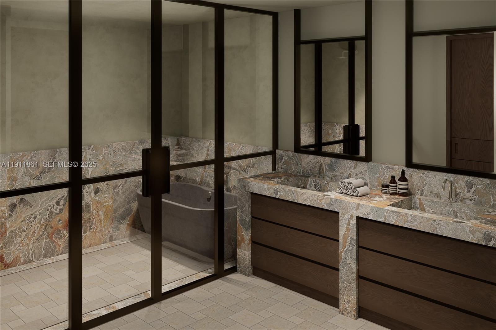 1445 Bay Road Miami Beach, FL 33139 - Photo 21 of 27 a bathroom with a double vanity sink and a mirror