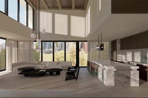 a bedroom with furniture and large windows