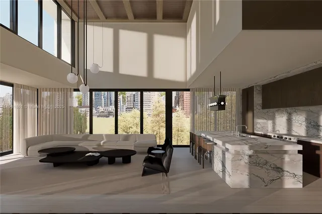 a bedroom with furniture and large windows