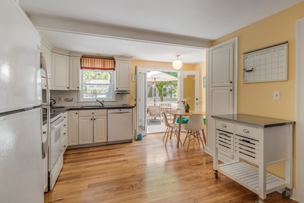 100 Mayflower Road Needham, MA 02492 - Photo 12 of 28 a kitchen with granite countertop a stove a sink dishwasher a refrigerator and white cabinets with wooden floor