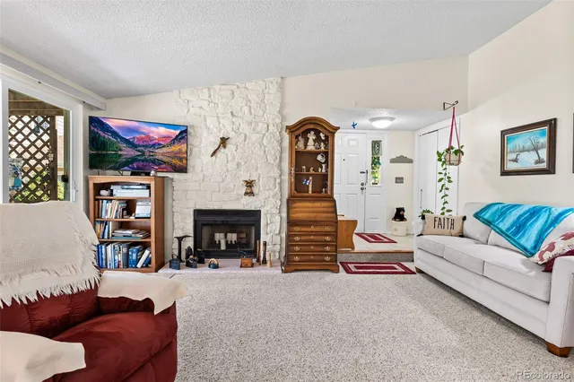 a living room with fireplace furniture and a fireplace