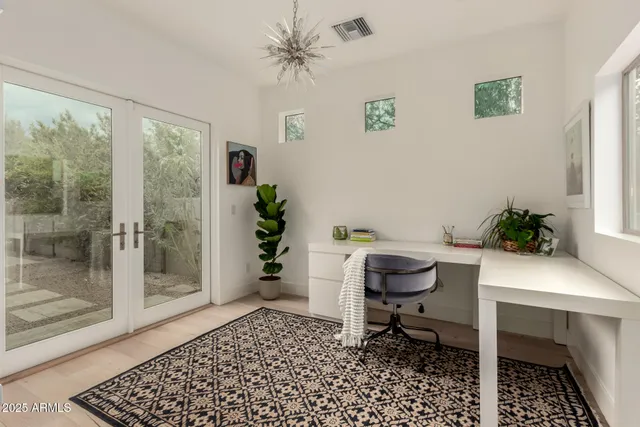 a living room with furniture and a potted plant