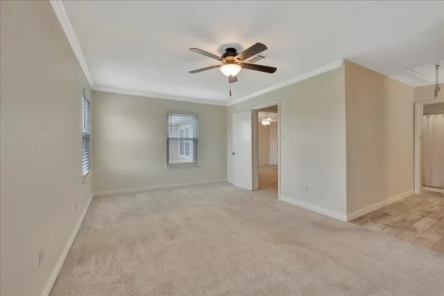 a view of a room with windows and a ceiling fan
