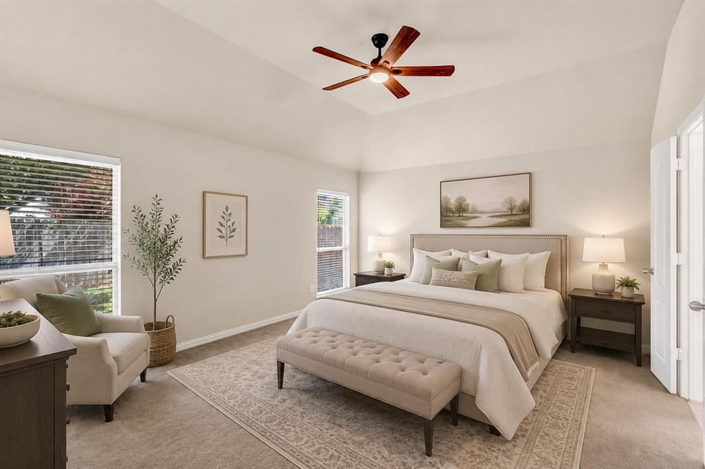 5316 Ridgeson Drive McKinney, TX 75071 - Photo 6 of 33 Bedroom featuring a vaulted ceiling with a ceiling fan, recessed lighting, and carpet flooring
