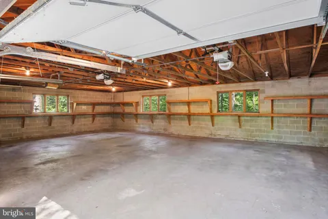 a view of a garage with wooden table