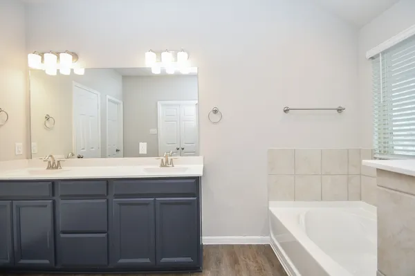 a bathroom with a tub a sink and mirror