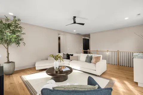 a living room with furniture and a potted plant