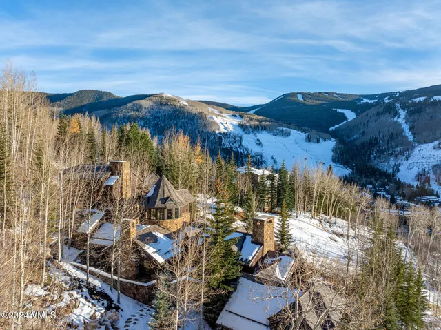an aerial view of houses with trees