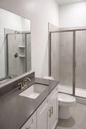 a bathroom with a sink a toilet and shower