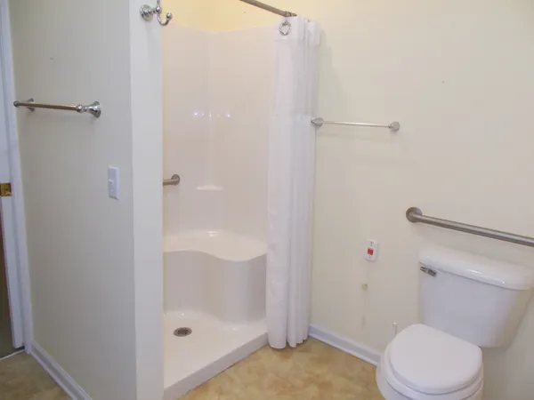 a bathroom with a shower and a toilet