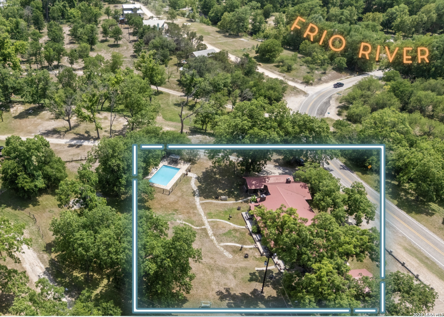 6641 Ranch Road 1120, Unit A B C D Rio Frio, TX 78879 - Photo 2 of 34 an aerial view of house with swimming pool outdoor seating and garden