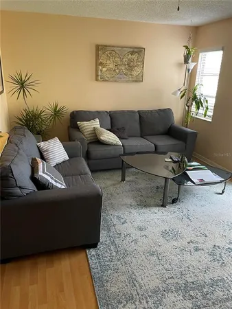 a living room with furniture and a rug