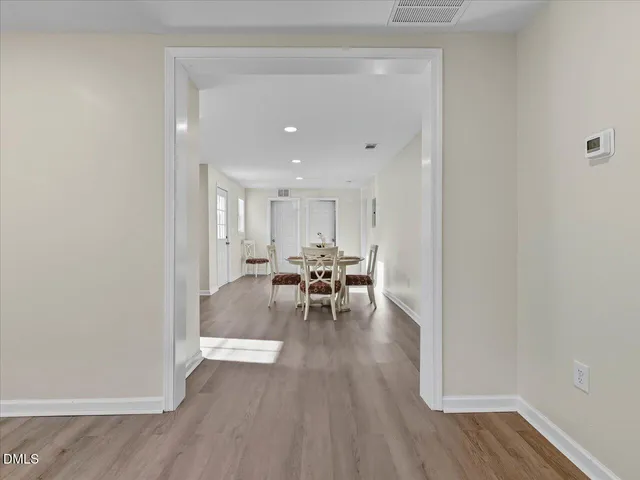 a view of a dining room with furniture