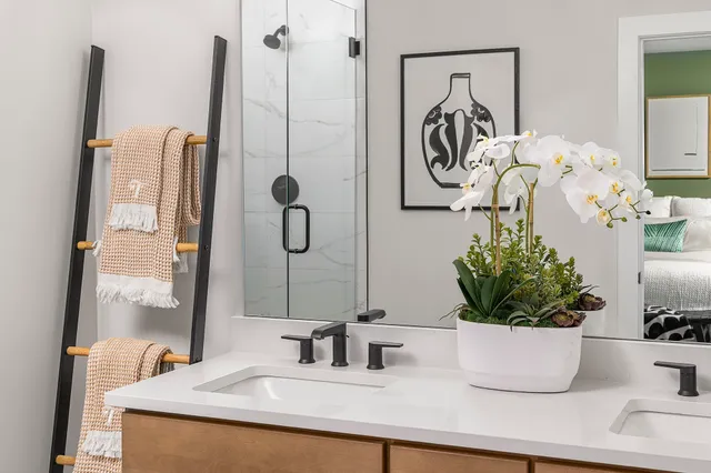 a bathroom with a potted plant