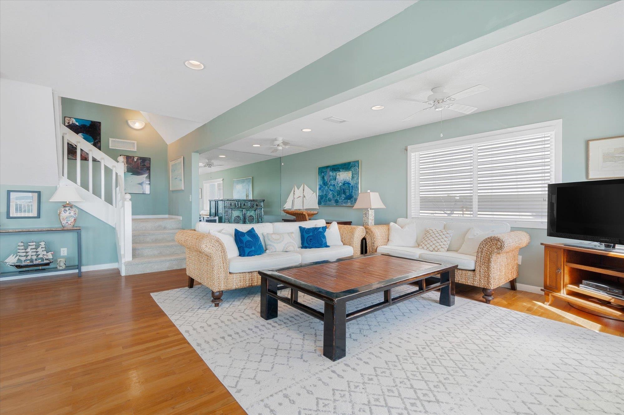 5512 Atlantic View St. Augustine, FL 32080 - Photo 18 of 77 Living room featuring wood finished floors, a ceiling fan, and recessed lighting