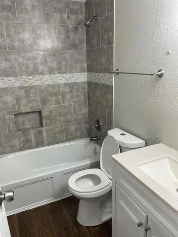 a bathroom with a toilet and a bathtub