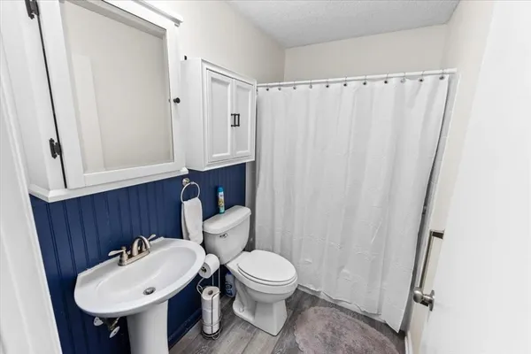 a bathroom with a sink a toilet and a mirror