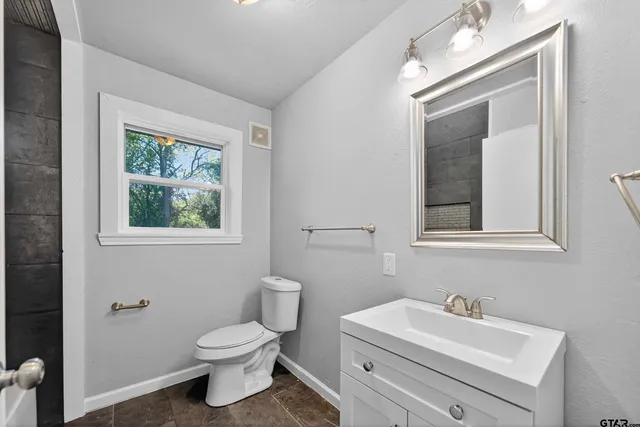 a bathroom with a toilet sink and mirror