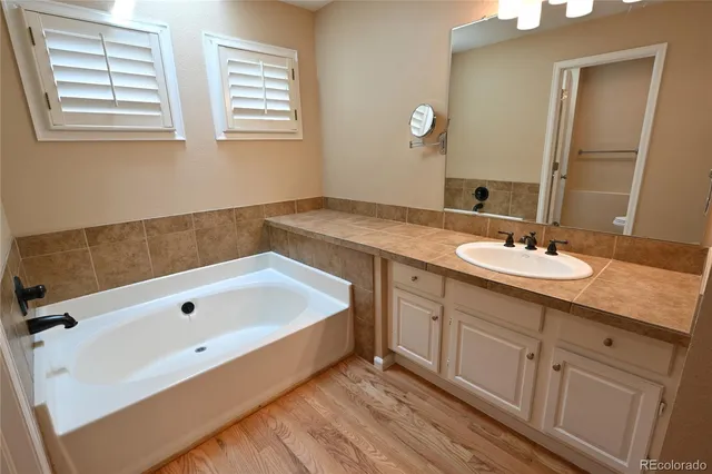 a bathroom with a tub sink and mirror