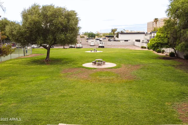 a swimming pool with yard and green space