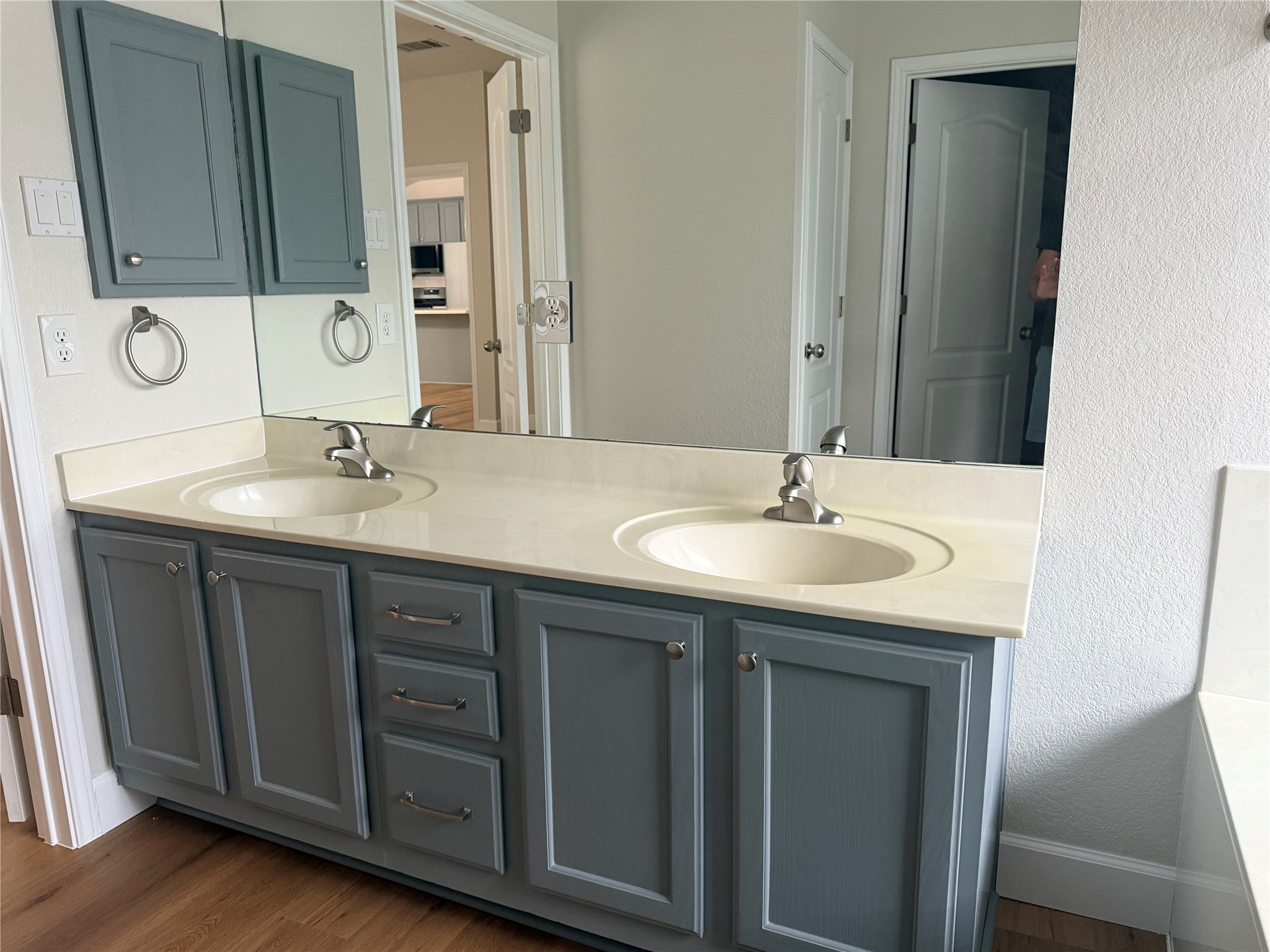 4604 Ramies Run Austin, TX 78749 - Photo 22 of 38 An expansive double vanity with extensive storage cabinet space sits atop wood flooring.