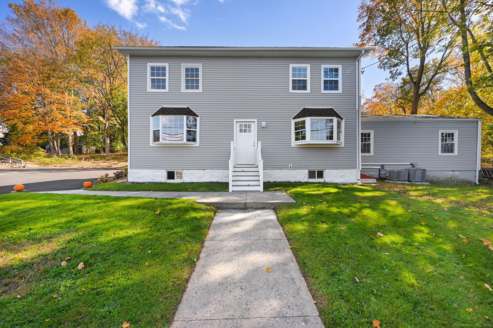 a front view of house with yard and green space