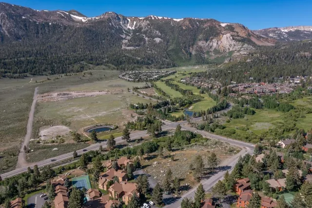 an aerial view of a house with a mountain