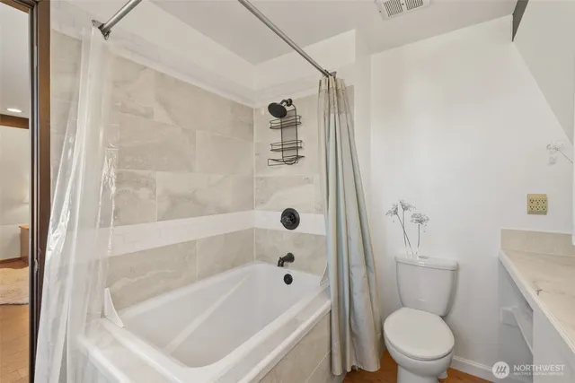 a bathroom with a bathtub and a toilet