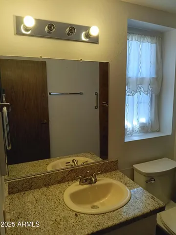 a bathroom with a sink toilet and mirror