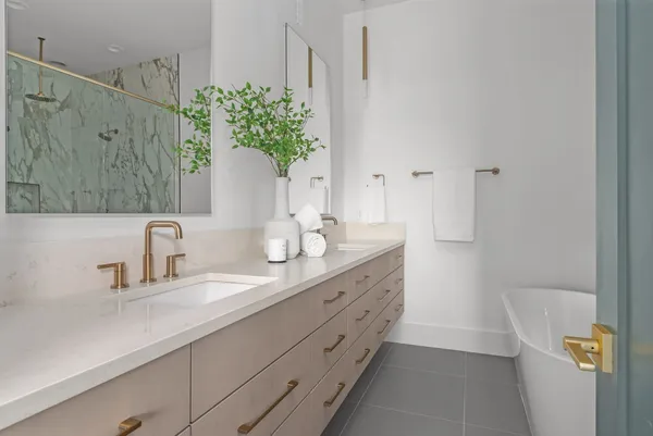 a bathroom with a bathtub