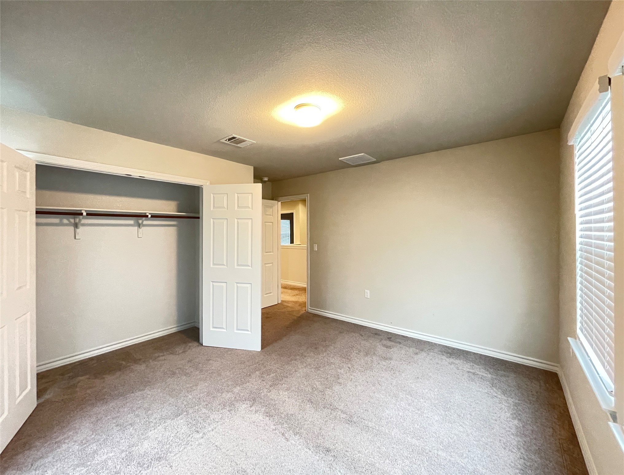 1602 Jacey Way Austin, TX 78725 - Photo 19 of 33 Carpeted room with a bi-fold closet, ceiling-mounted light fixture, window with horizontal blinds, and a neutral wall palette