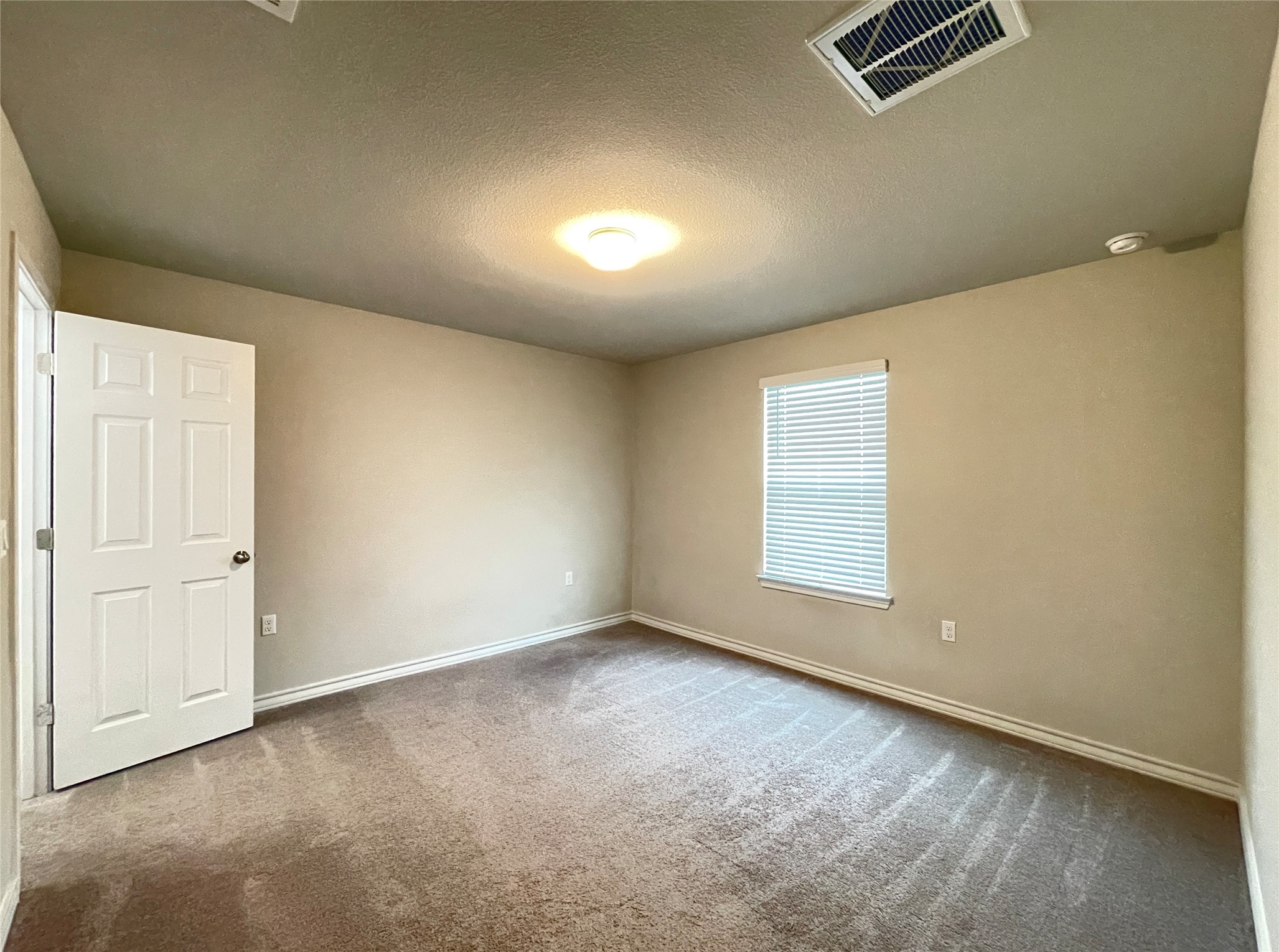 1602 Jacey Way Austin, TX 78725 - Photo 20 of 33 Spacious room featuring neutral-toned walls, plush carpet flooring, a white paneled door, a window with blinds, and a ceiling light fixture