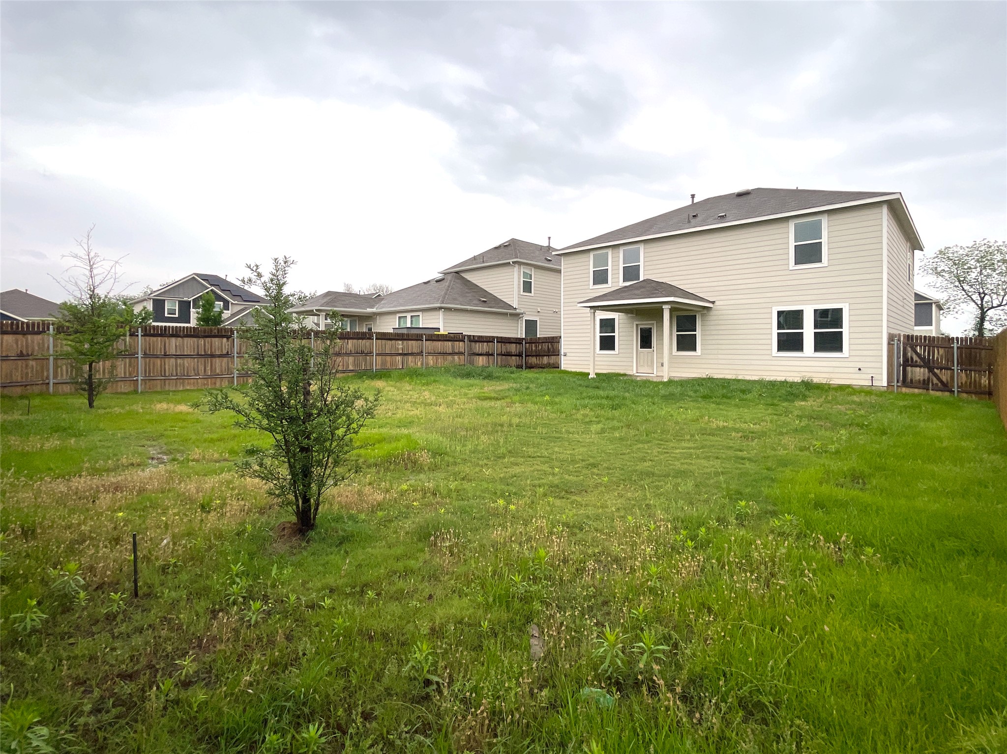 1602 Jacey Way Austin, TX 78725 - Photo 33 of 33 Expansive backyard featuring a large grass area, wood privacy fencing, and two young trees