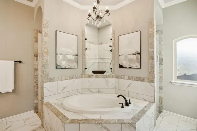 a bathroom with a bathtub and shower