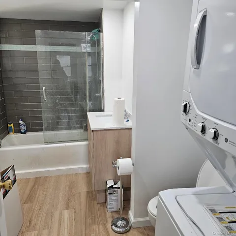 a bathroom with a bathtub and a toilet
